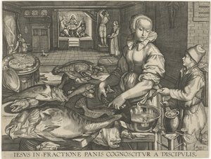厨房作品，女人在洗鱼
Iesus in fractione panis cognoscitur a discipulis（物品上的标题） 作者 彼得·埃森（Pieter Aertsen）