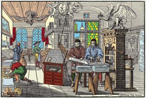 德国纽伦堡一家印刷厂的内部：工人在工作，17世纪初 - Abraham van Werdt的作品。 作者 亚伯拉罕·范·韦德特