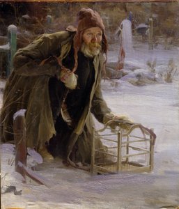 捕鸟人Vetu miserablement，跪在雪地上，一个男人拿着笼子。阿布拉姆-叶菲莫维奇-阿尔基波夫（1862-1930 年）的画作，布面油画