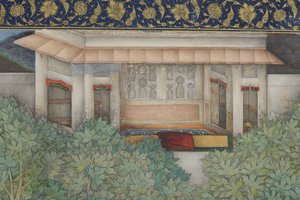 详细信息来自皇帝贾汉吉尔与圣人在花园里，c.1615（不透明的wc和黄金在纸上） 作者 阿布尔·哈桑（Abul Hasan）