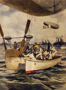 在航程中为战舰补给的飞艇，作者：Achille Beltrame，插图，插画家 Achille Beltrame（1871-1945），来自 La Domenica del Corriere，1910 年 5 月 5 日 作者 阿基里·贝尔特拉姆（Achille Beltrame）