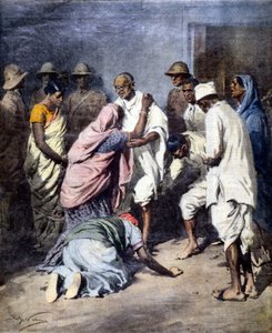圣雄甘地（1869-1948）被逮捕。阿奇尔-贝尔特拉姆的作品。La Domenica del Corriere.1932 作者 阿基里·贝尔特拉姆（Achille Beltrame）