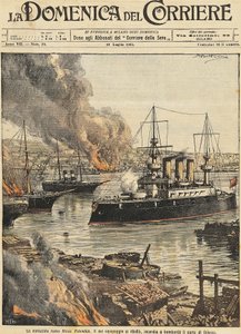 轰炸敖德萨的波坦金号战舰，由Achille Beltrame创作，插画师Achille Beltrame（1871-1945），来自La Domenica del Corriere。 作者 阿基里·贝尔特拉姆（Achille Beltrame）