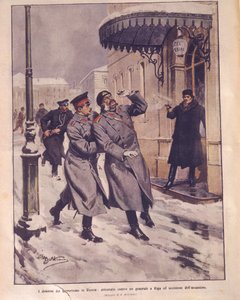 俄罗斯帝国的恐怖主义》的封面插图；在里加企图刺杀将军和袭击者的死亡情况 作者 阿基里·贝尔特拉姆（Achille Beltrame）