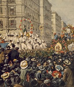 Crowds during carnival in Naples, by Achille Beltrame, illustration, Illustrator Achille Beltrame (1871-1945), from La Domenica del Corriere, 31st January 1904 作者 阿基里·贝尔特拉姆（Achille Beltrame）
