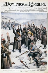 在东普鲁士的第十支俄军的失败。俄国士兵举臂投降，Achille Beltrame(1871-1945)的画板，来自La Domenica del Corriere，1915年2月28日至3月7日 作者 阿基里·贝尔特拉姆（Achille Beltrame）