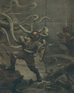 潜水员在潜水时被巨型章鱼袭击，作者：Achille Beltrame，插图，插画家 Achille Beltrame（1871-1945），来自 La Domenica del Corriere，1908 年 10 月 25 日 作者 阿基里·贝尔特拉姆（Achille Beltrame）
