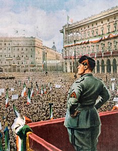 杜斯在米兰大教堂广场的演讲，作者：Achille Beltrame（1871-1945），出自 La Domenica del Corriere，1930 年 5 月 作者 阿基里·贝尔特拉姆（Achille Beltrame）