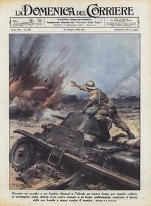 在对我们的步兵之一托布鲁克前面的一个堡垒进行攻击时，为了更好地击中？ 作者 Achille Beltrame