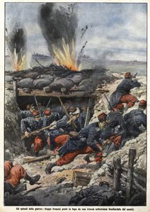Episode of the War of 1914: French troops in the trenches are bombed by enemies. “La Domenica del Corriere” 作者 阿基里·贝尔特拉姆（Achille Beltrame）