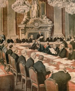 法国总统乔治·克莱蒙梭在巴黎和会上的讲话，由 Achille Beltrame 绘，插图，插画家 Achille Beltrame (1871-1945)，来自 La Domenica del Corriere 作者 阿基里·贝尔特拉姆（Achille Beltrame）