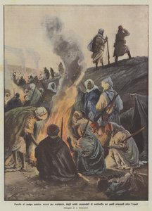 向敌人营地开火，点燃以保持在黎波里以外的先进地点的温暖，哨兵控制的阿拉伯人 作者 Achille Beltrame