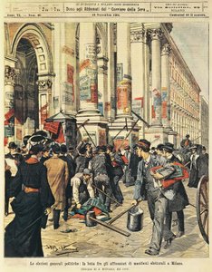米兰的大选：在米兰悬挂政治海报的人之间的对抗，作者Achille Beltrame（1871-1945），来自La Domenica del Corriere。 作者 阿基里·贝尔特拉姆（Achille Beltrame）