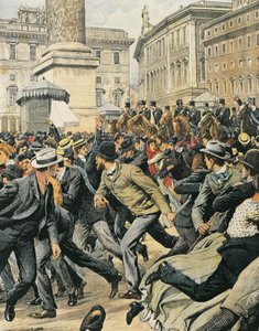 罗马的普通工人罢工，作者 Achille Beltrame，插图，插画家 Achille Beltrame (1871-1945)，来自 La Domenica del Corriere 作者 阿基里·贝尔特拉姆（Achille Beltrame）