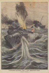 奥匈帝国的驱逐舰特里格拉夫和利卡在都拉斯面前沉没 作者 Achille Beltrame
