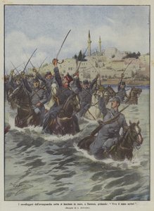 塞尔维亚先锋队的骑兵队在都拉斯发射入海，大喊大叫，大海万岁 作者 阿基里·贝尔特拉姆（Achille Beltrame）
