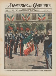 国王为罗马的Carabinieri学生的旗帜挂上了军事英勇的奖章？ 作者 Achille Beltrame