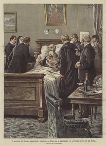 De Sonnaz将军痛苦地穿着带有装饰品的制服，向国王和祖国敬酒