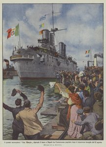 伟大的巡洋舰圣乔治（San Giorgio）之后以热情的热情将大海带回那不勒斯？ 作者 Achille Beltrame