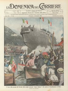在君主面前，从Castellammare di Stabia建筑工地发射大型战列舰Dante Alighieri