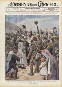 在伦巴第市，平民和士兵即兴向国王展示移动示范 作者 阿基里·贝尔特拉姆（Achille Beltrame）
