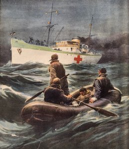 意大利医院船拯救四名被击落的德国飞行员，作者是Achille Beltrame（1871-1945），插图来自La Domenica del Corriere，2月23日 作者 阿基里·贝尔特拉姆（Achille Beltrame）