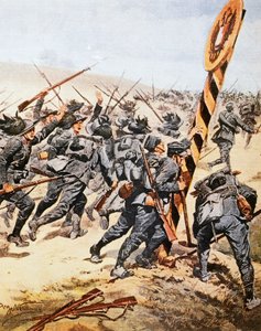 穿越奥地利边境的意大利士兵，Achille Beltrame（1871-1945），插图来自 La Domenica del Corriere，1915 年 6 月 作者 阿基里·贝尔特拉姆（Achille Beltrame）