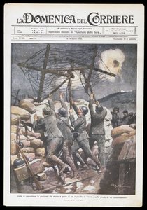 意大利士兵将弗里斯兰马放在战壕上，由 Achille Beltrame（1871-1945）为 Domenica del Corriere 制作的板，1916 年 4 月 2 日至 9 日，第一次世界大战，意大利，20 世纪 作者 阿基里·贝尔特拉姆（Achille Beltrame）