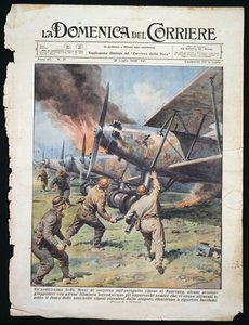 日本突击队袭击中国南昌机场，图为 Achille Beltrame（1871-1945）来自 La Domenica del Corriere 报纸，7 月 31 日 作者 阿基里·贝尔特拉姆（Achille Beltrame）