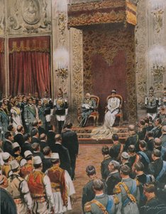 King of Italy, Vittorio Emanuele III of Savoy, being crowned King of Albanians, by Achille Beltrame, illustration, Illustrator Achille Beltrame (1871-1945), from La Domenica del Corriere 作者 阿基里·贝尔特拉姆（Achille Beltrame）