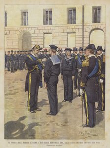 从拉斯佩齐亚的真人营房中国两名水手的奖牌交付 作者 Achille Beltrame