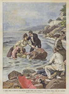 葡萄牙阿米莉亚女王，坐在海边穿着卡斯卡伊斯海滩？ 作者 Achille Beltrame