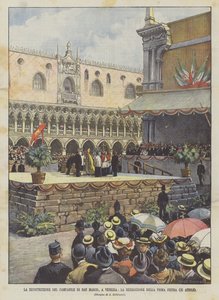 威尼斯钟楼圣马可的重建，第一块石头的祝福（4月25日） 作者 Achille Beltrame