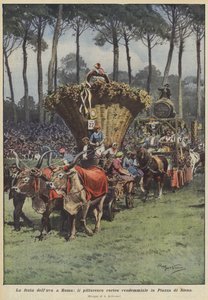 罗马的葡萄节，在锡耶纳广场的风景如画的收获游行 作者 Achille Beltrame
