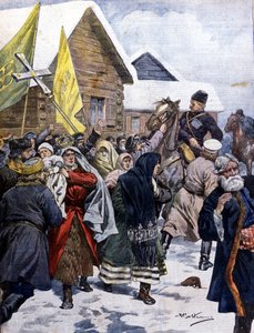 俄罗斯的迷信：警察试图驱散新基督徒教派。插图：Beltrame。La Domenica del corriere.1901. 作者 阿基里·贝尔特拉姆（Achille Beltrame）