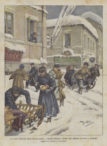 在小俄罗斯的大雪中，士兵们将食物带给在Charkow被封锁的居民