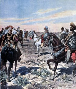 莫泽蒂上尉在埃塞俄比亚的拉斯-马孔宁（Mekonnen Welde Mikael）（阿巴-卡格尼乌）（1852-1906）营地。插图：Beltrame。La Domenica del corriere.1899. 作者 Achille Beltrame