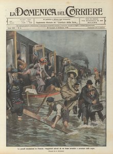在法国大洪水中，乘火车拯救的旅行者在水面上肆虐 作者 Achille Beltrame