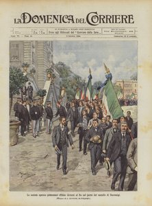皮埃蒙特工人社会在拉科尼吉城堡公园的国王面前游行 作者 Achille Beltrame