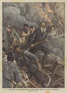 伟大的俄罗斯作家莱昂托尔斯泰（Leone Tolstoi）在波哥罗兹茨克（Bogoroditzk）热情好客中爆发了火灾 作者 阿基里·贝尔特拉姆（Achille Beltrame）