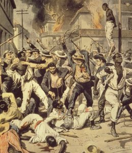 伊利诺伊州斯普林菲尔德的黑帮追捕黑人，来自 La Domenica del Corriere 的 Achille Beltrame（1871-1945 年），1908 年 8 月 作者 阿基里·贝尔特拉姆（Achille Beltrame）