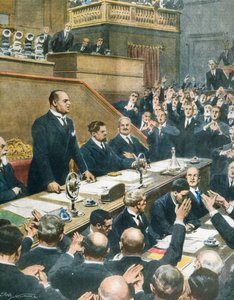 墨索里尼向参议院宣布西方四国达成的联盟，阿奇尔-贝尔特拉姆（1871-1945）摘自La Domenica del Corriere，6月7日 作者 阿基里·贝尔特拉姆（Achille Beltrame）