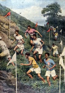 巴黎奥运会：有自然障碍物的跑步：越野赛。Ill. de Beltrame.La Domenica del Corriere 作者 阿基里·贝尔特拉姆（Achille Beltrame）