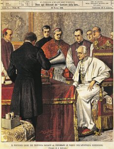 1903 年 3 月 29 日，教皇利昂内十三世将 Achille Beltrame（1871-1945）的《祝福》读成留声机，来自 La Domenica del Corriere 作者 阿基里·贝尔特拉姆（Achille Beltrame）