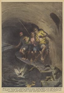 四个冒险的米兰男孩，手持线条和蜡烛，从一个人身上掉下来了？ 作者 Achille Beltrame