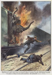 两只大象在马赛着火的铁路货车上停了下来？ 作者 Achille Beltrame