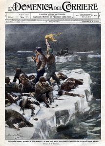 海豹渔民，其中一些人死亡，仍然被困在海洋漂流的冰面上。Ill. de Beltrame."La Domenica del corriere"。12-19/04/1914. 作者 阿基里·贝尔特拉姆（Achille Beltrame）