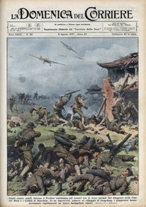 第二次中日战争（1937-1945）：日本和中国的武器在北京附近发生冲突，日本人迅速消灭了整个中国的一个营。插图来自1937年8月8日的 "La domenica del corriere"，由Achille Beltrame绘制。 作者 阿基里·贝尔特拉姆（Achille Beltrame）