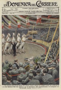 观看表演马的战士在都灵的一个马戏 作者 Achille Beltrame