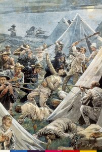 南非。第二次布尔战争。攻击英国的特威方丹营地（1902年）。插图：Achille Beltrame。雕刻。 作者 阿基里·贝尔特拉姆（Achille Beltrame）